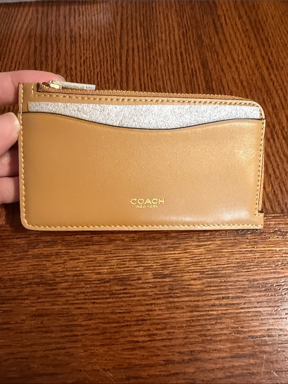 Coach Tan Leather Card Holder with Silver Metallic Trim